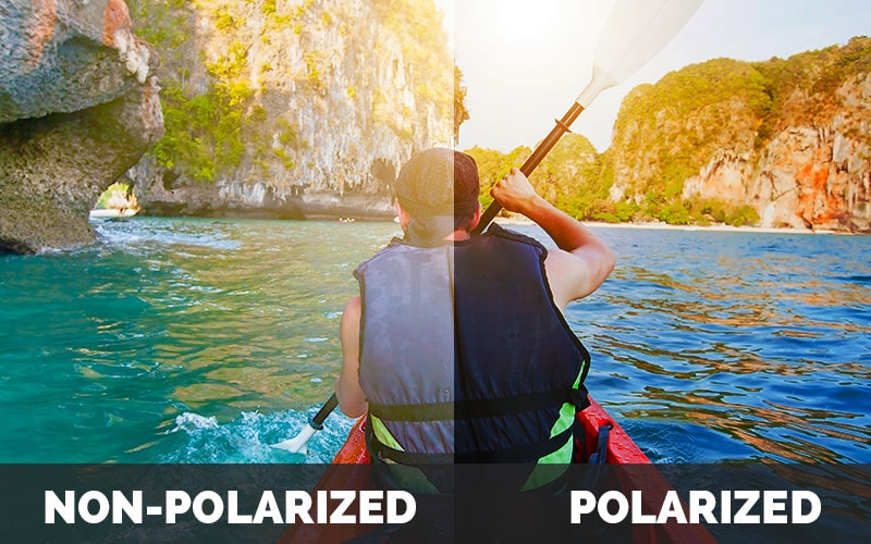 Side-by-side comparison of a kayaker's view wearing non-polarized versus polarized sunglasses, showing reduced glare and enhanced color contrast on the polarized side.