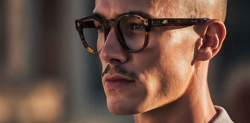 A man wearing tortoiseshell eyeglasses