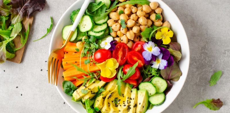 Vegan Buddha bowl containing a variety of colorful vegetables