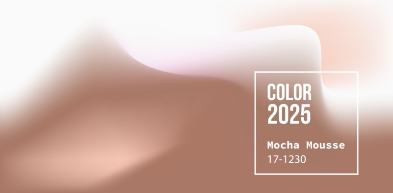 Abstract gradient background with the text ‘Color 2025 Mocha Mousse 17-1230’ in a white outlined box