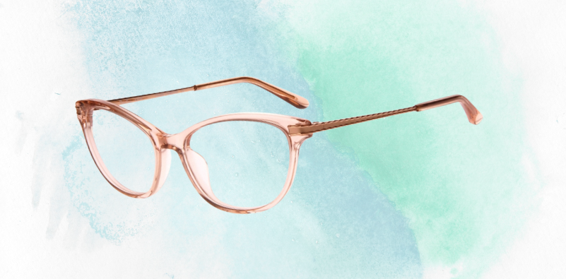 A pair of Mia Rae eyeglasses on a blue gradient background.